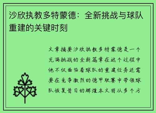 沙欣执教多特蒙德：全新挑战与球队重建的关键时刻