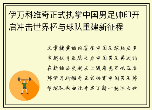 伊万科维奇正式执掌中国男足帅印开启冲击世界杯与球队重建新征程
